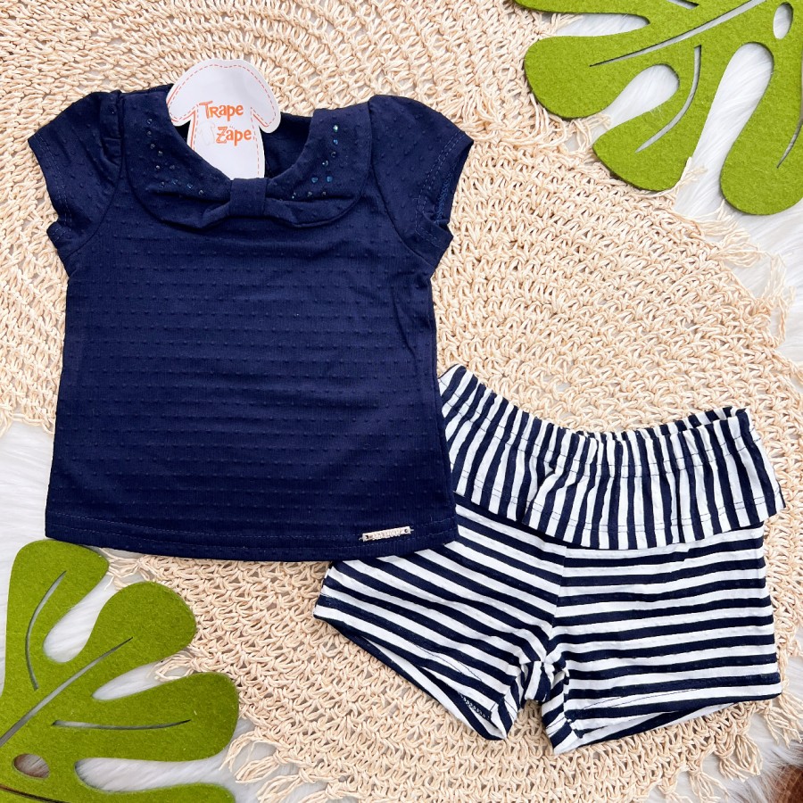 Conj. Blusa Laço com Strass e Short Listrado - Branco e Marinho